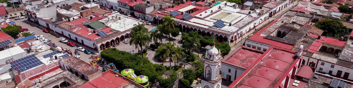 aerial shot of the church and the main garden of san gabriel jalisco mexico