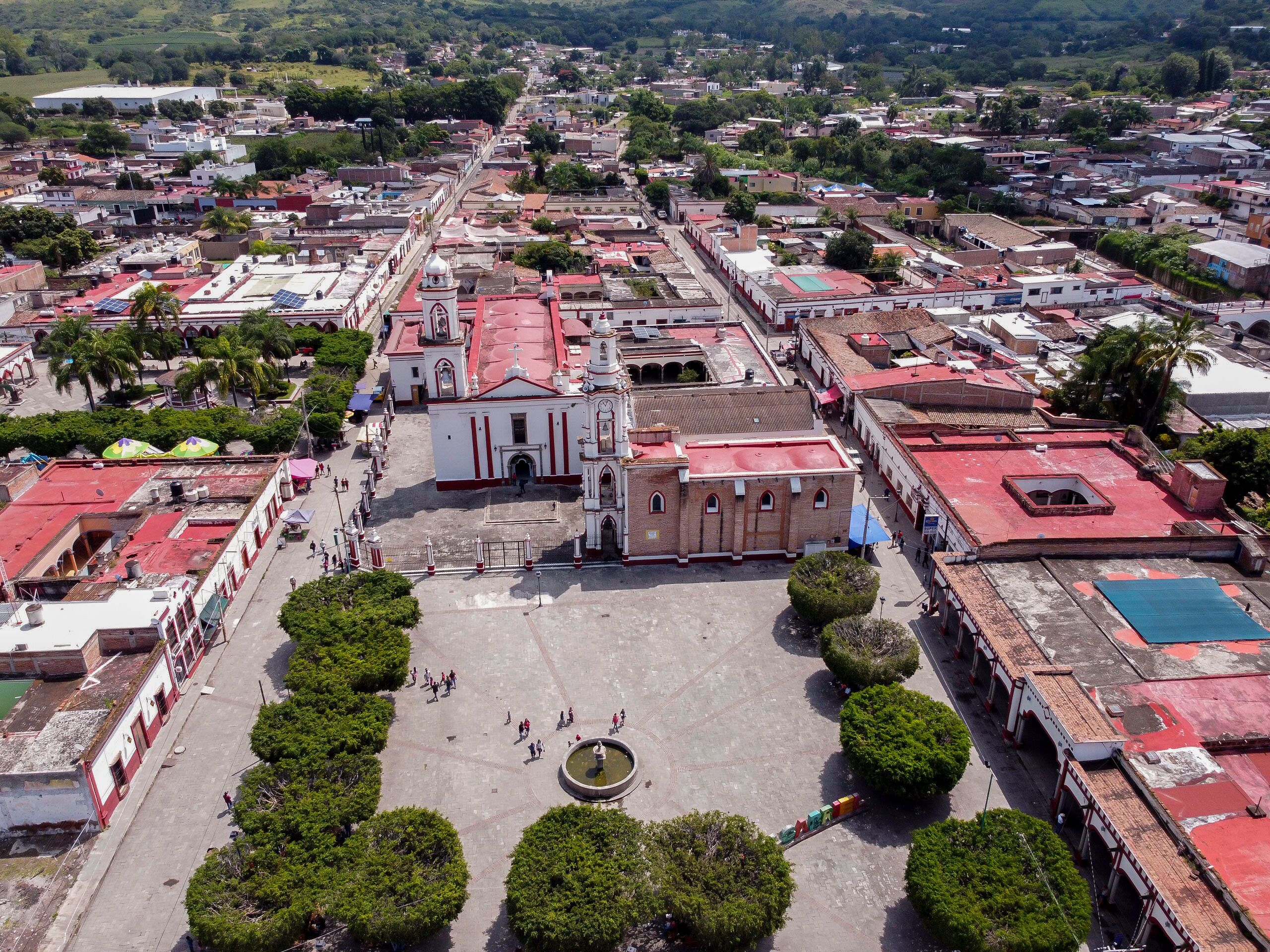 aerial shot of the church and the main garden of san gabriel jalisco mexico