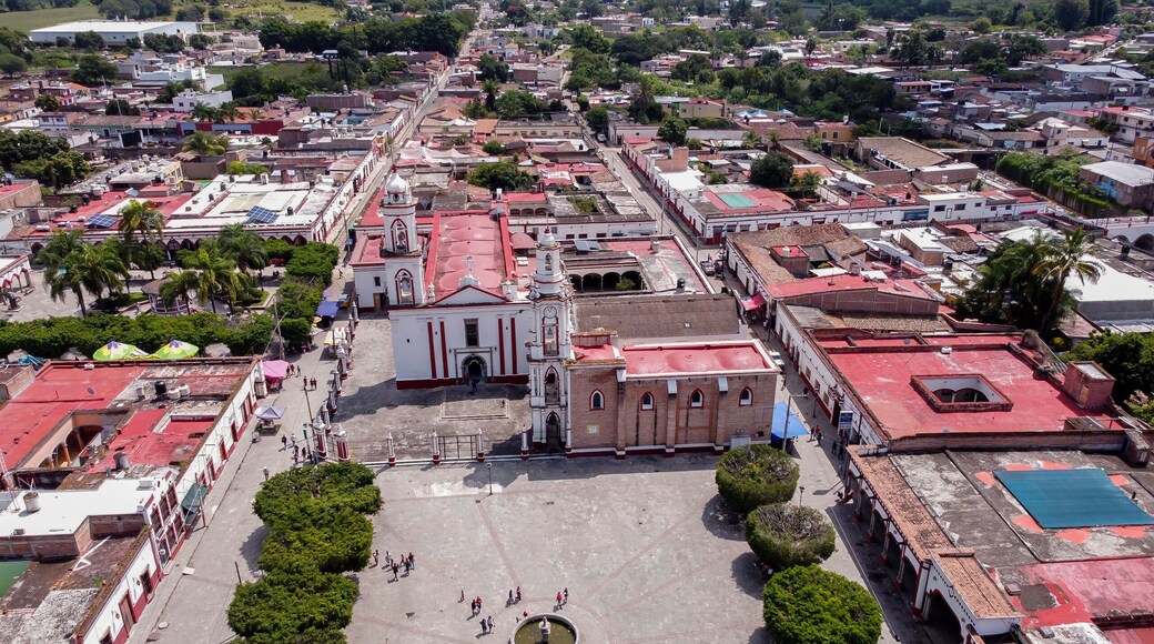 aerial shot of the church and the main garden of san gabriel jalisco mexico
