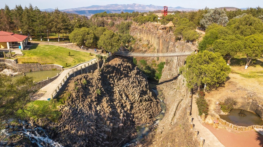 Park of the basalt prisms, Mexico. Beautiful waterfalls among the geometric rocks in the state of Hidalgo, Mexico