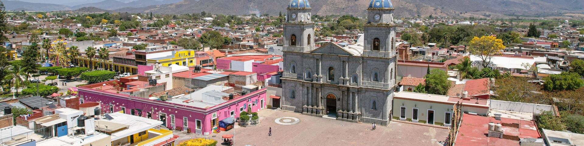 Aerial view of the Temple of San Juan Bautista, Tuxpan, Jalisco, Center of the municipality of Tuxpan, Jalisco, Mexico , March 23, 2024