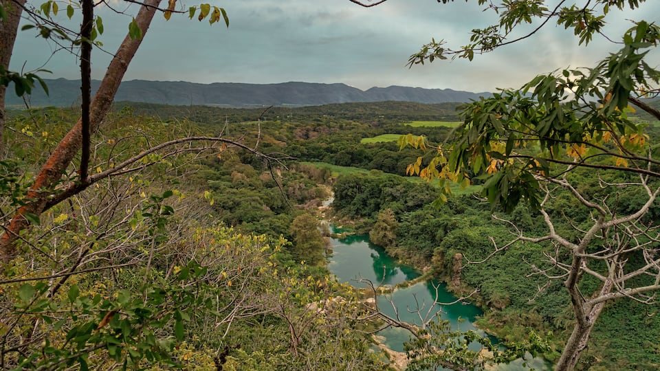 A river winding through a forested valley with mountains in the background.