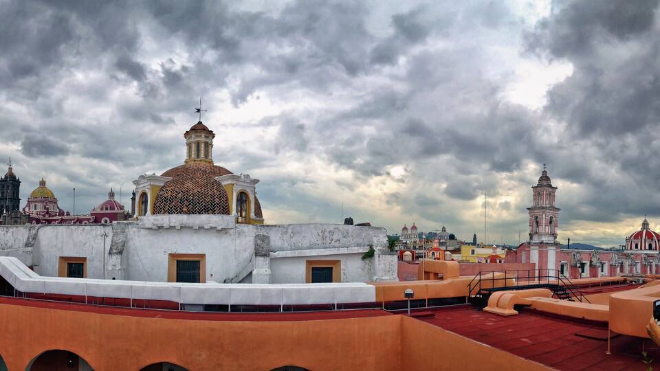 City View of Puebla, Mexico on a rainy, cloudy day