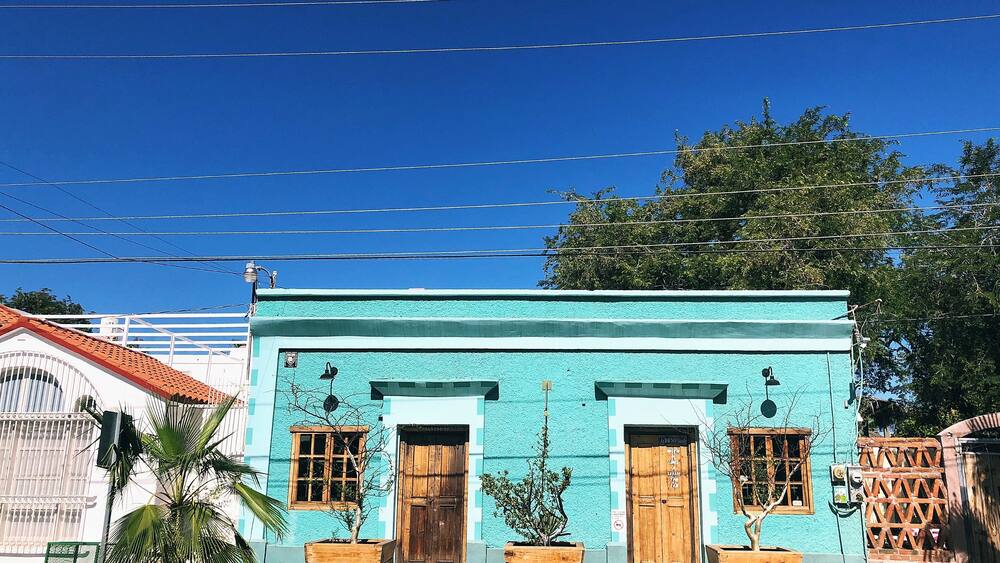Traditional Mexican building/ light blue house/ La Paz Mexico street photography