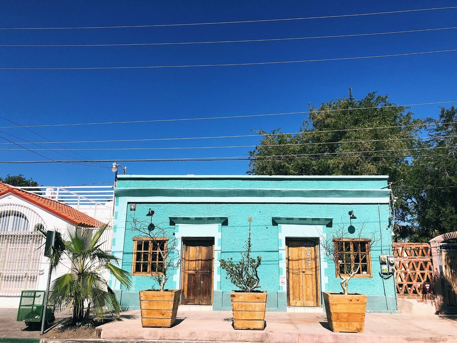 Traditional Mexican building/ light blue house/ La Paz Mexico street photography