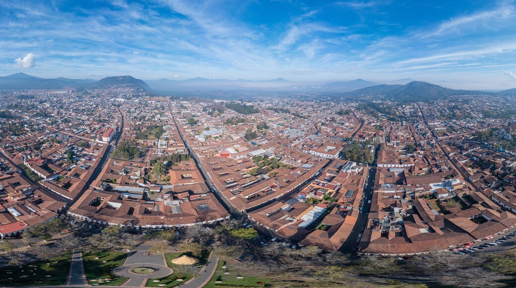Aerial: Patzcuaro panoramic view of the landscape and cityscape. Drone view
