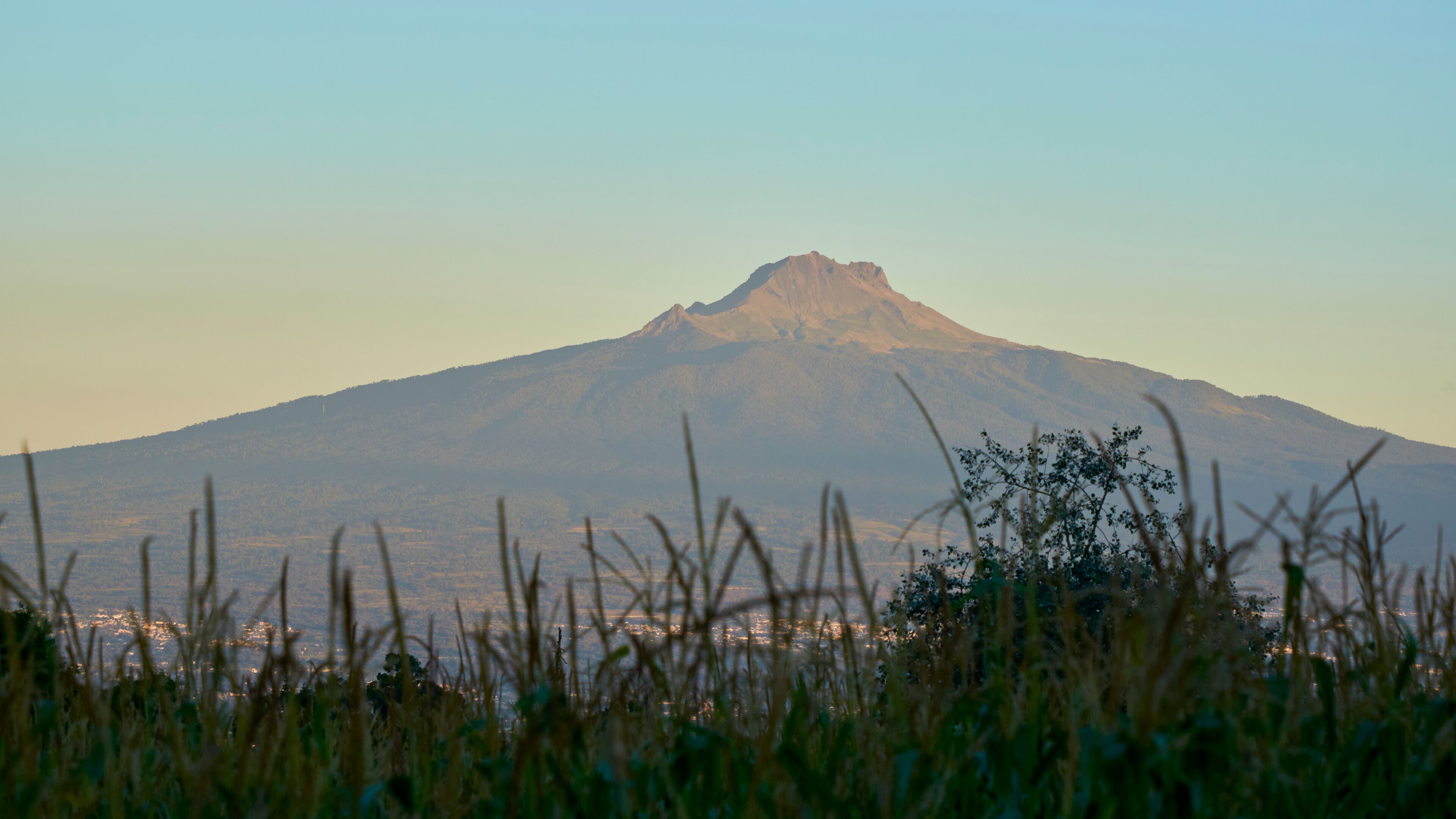 A mountain with a peak, surrounded by grass and trees.
