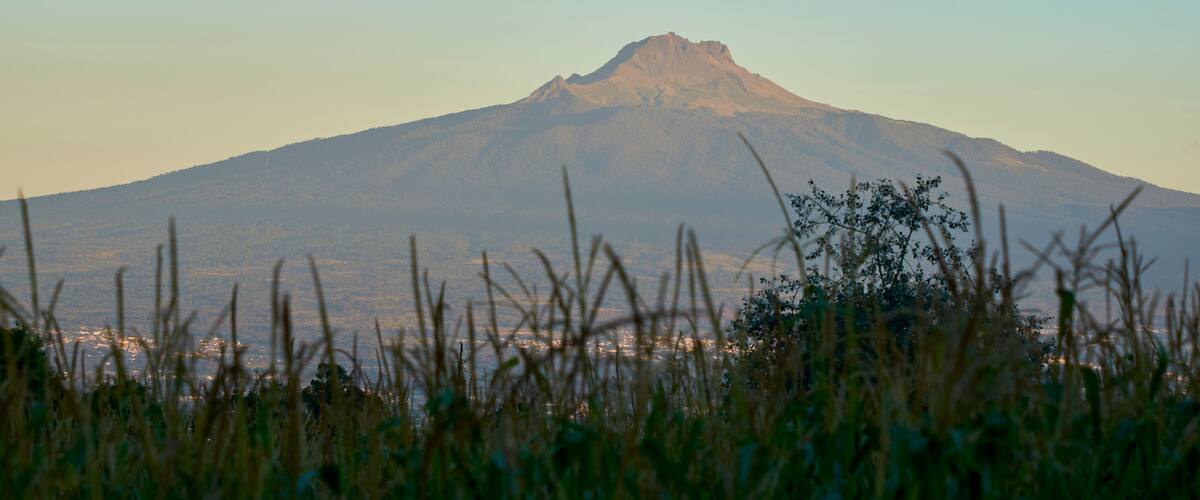 A mountain with a peak, surrounded by grass and trees.