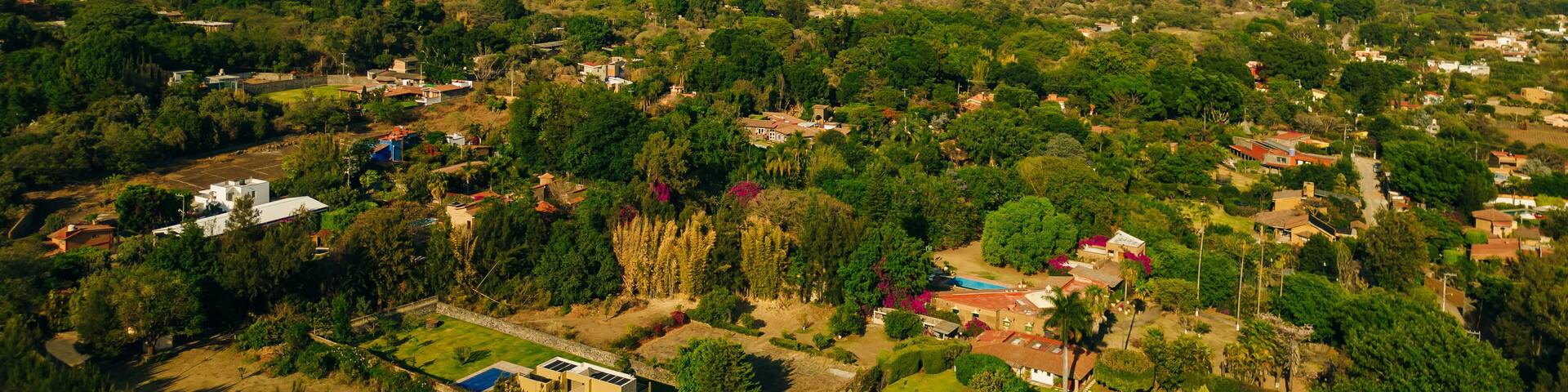 aerial panorama of Tepoztlan with a beautiful sunset in the background. mexico