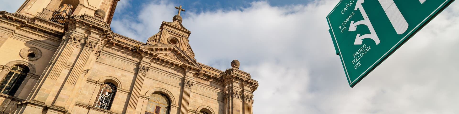 Historic neo classic church architecture in Toluca State of Mexico under dramatic sky
