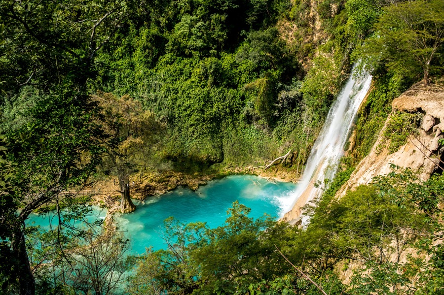 toma superior de la cascada de Minas Viejas cayendo a un poza azul turquesa de agua dulce en la selva de la huasteca potosina en San Luis Potosi, Mexico.