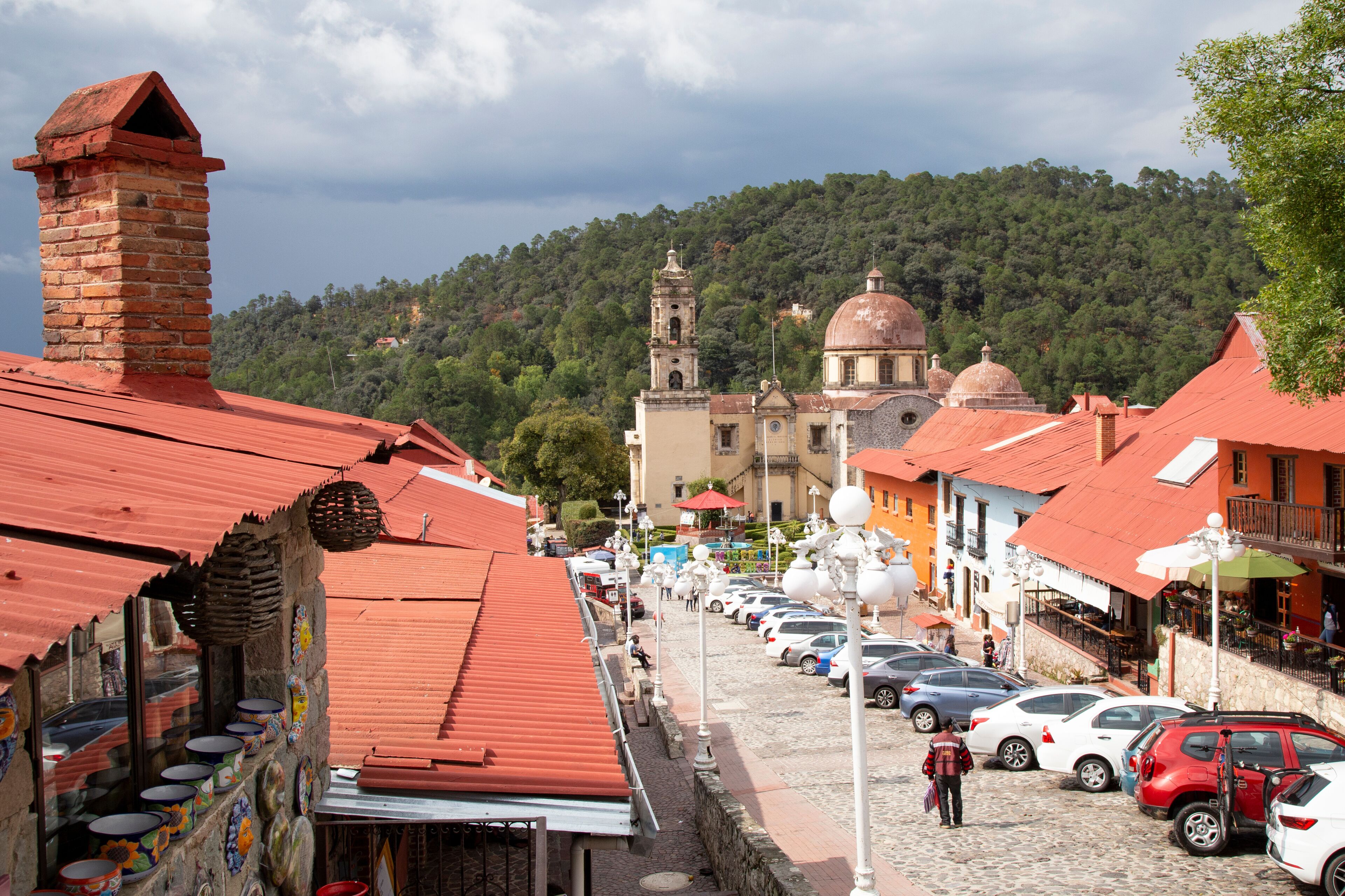 High angle view of a colorful colonial Mexican town in Hidalgo state