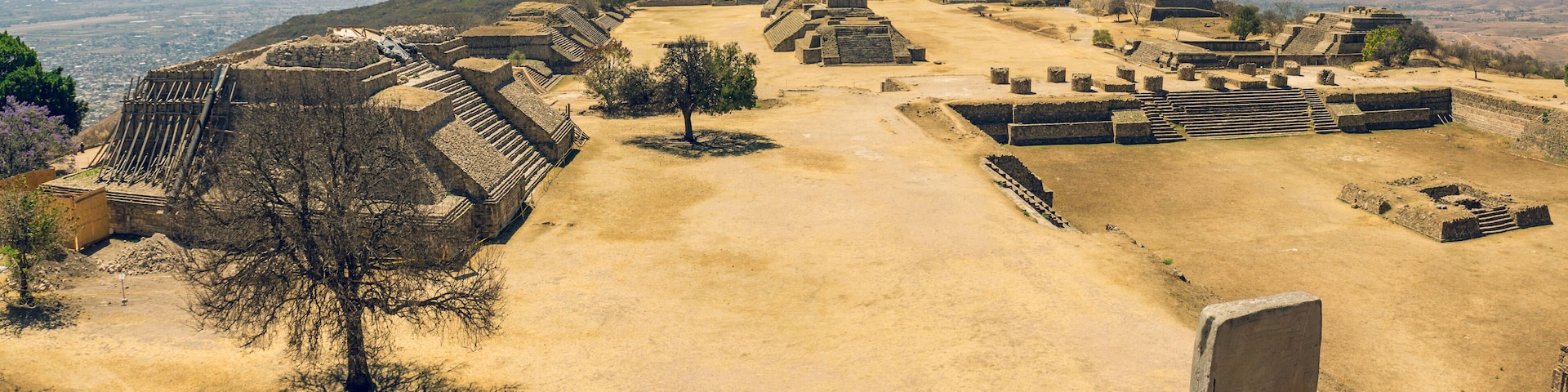 Panoramic view of pre-Columbian archaeological site of Monte Alban in Mexico near Oaxaca city by a sunny day