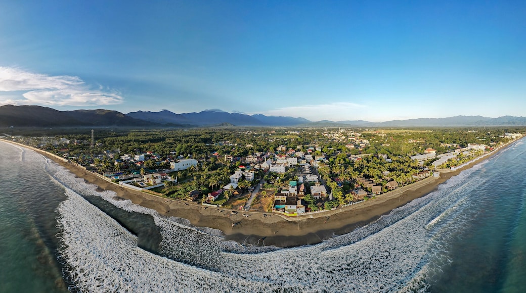 Early morning panoramic aerial of Sabang Beach in Baler, Aurora, Philippines.