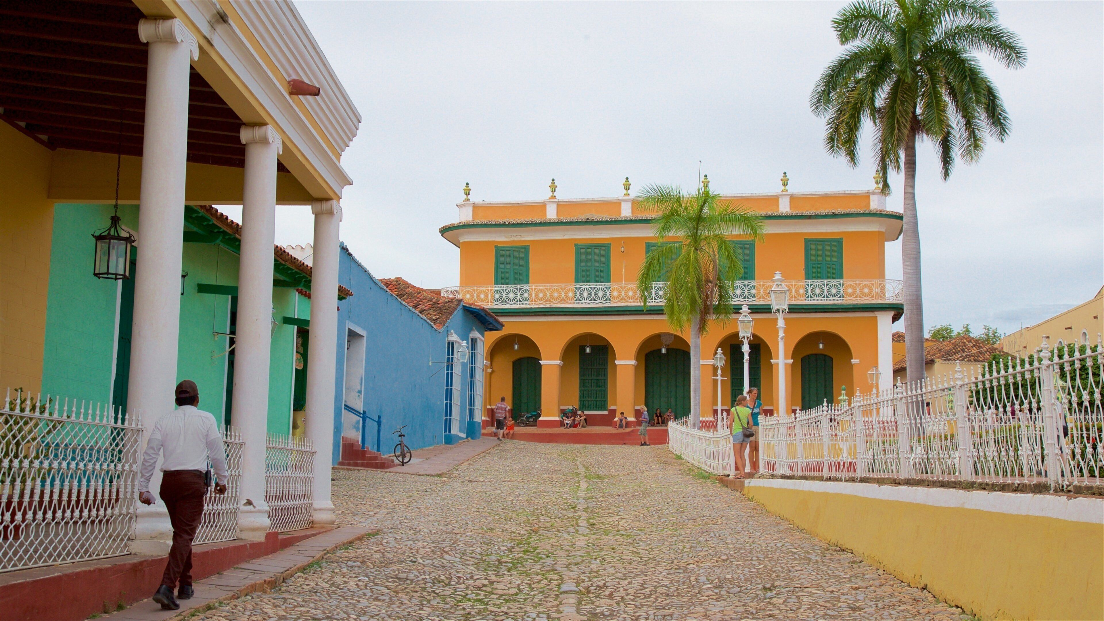 Una calle adoquinada flanqueada por edificios de colores, palmeras y una cerca blanca.