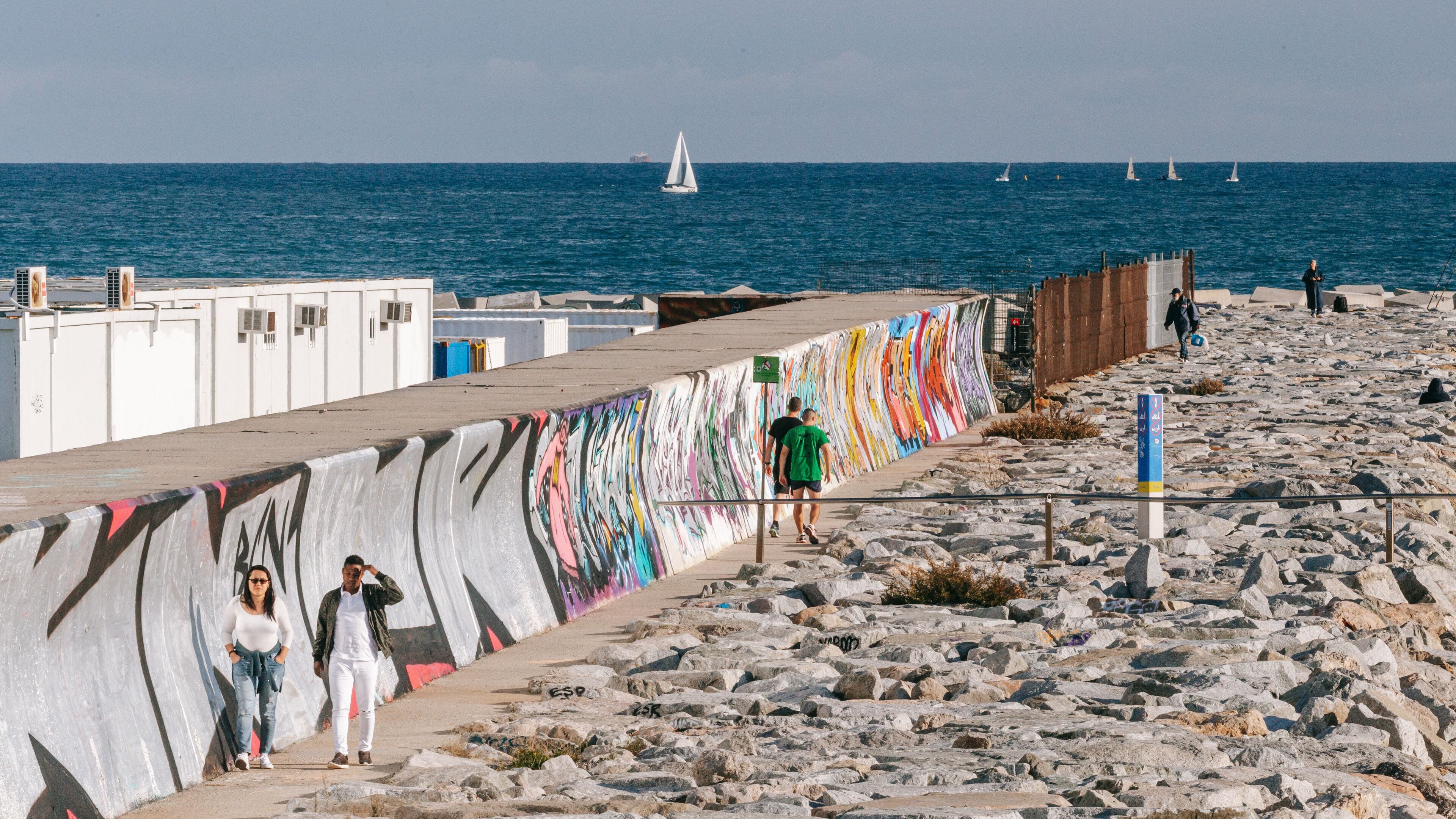 Llevant Beach which includes general coastal views and outdoor art