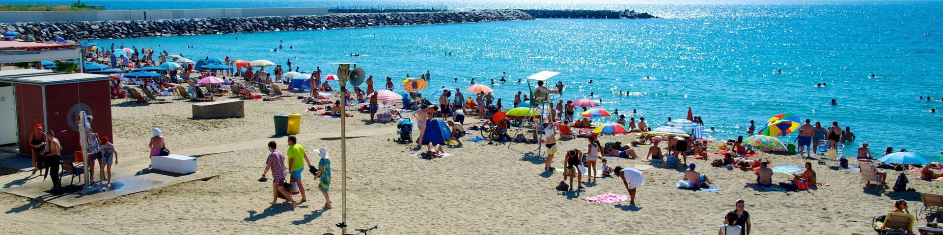 Llevant Beach welches beinhaltet allgemeine KĂŒstenansicht und Strand sowie kleine Menschengruppe