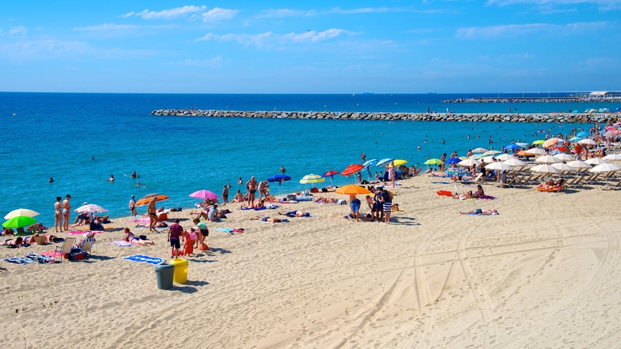 Barcelona showing a beach as well as a large group of people