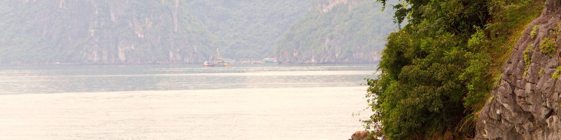 Bahía de Ha Long que incluye imágenes de una isla, neblina o niebla y kayak o canoa