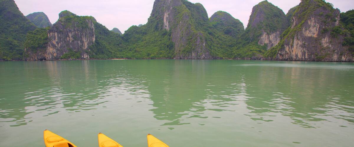 Halong Bay showing mountains and a bay or harbour
