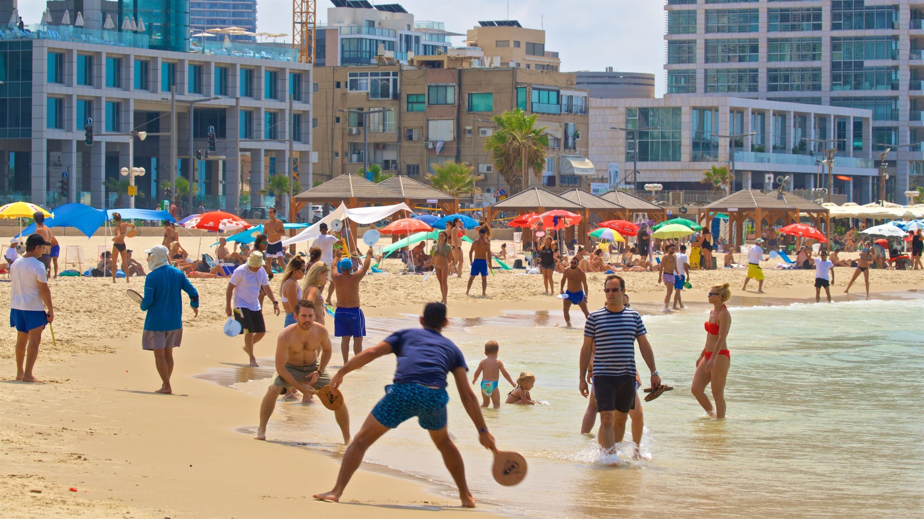 Tel Aviv som viser udsigt over kystområde, en kystby og svømning