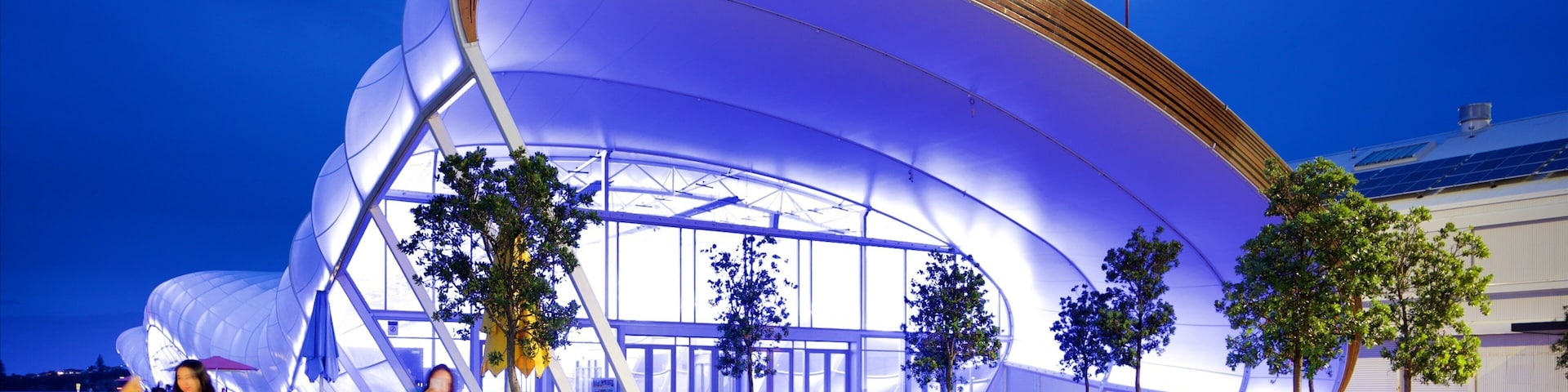 Queens Wharf featuring modern architecture and night scenes as well as a couple