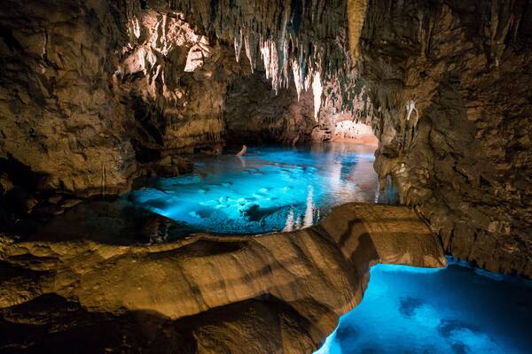 Eine Höhle mit Stalaktiten, einem Wasserbecken und einem felsigen Vordergrund.