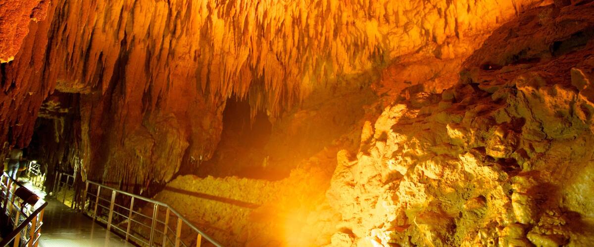 Una cueva con estalactitas y una barandilla de metal.
