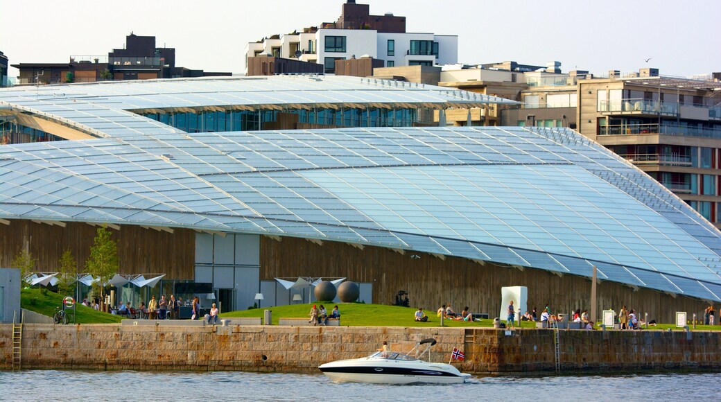 Tjuvholmen featuring a bay or harbor, modern architecture and boating