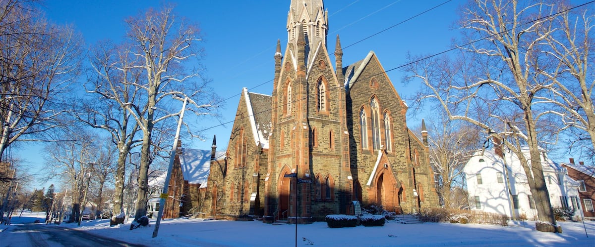 Charlottetown which includes snow and a church or cathedral