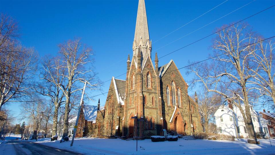 Una iglesia grande con una aguja alta, rodeada de árboles cubiertos de nieve y un cielo azul despejado.