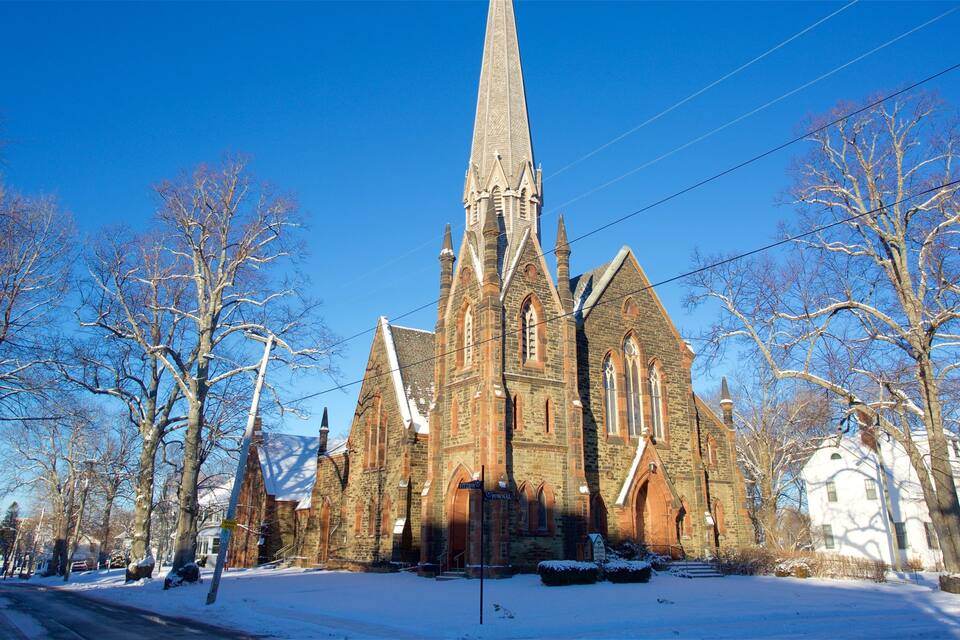 Une grande église dotée d’un flèche imposante, entourée d’arbres couverts de neige et surplombant un ciel bleu clair.
