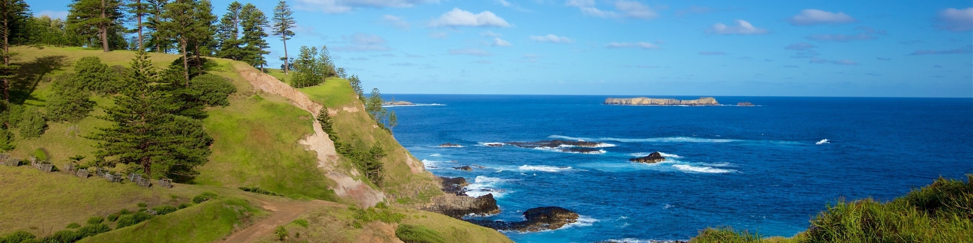 Isla Norfolk mostrando escenas tranquilas, costa rocosa y vistas generales de la costa