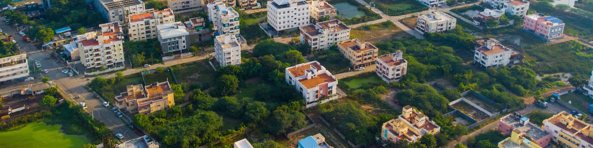 Aerial Photography Drone photography of Chennai and the suburbs in Tamil Nadu India; River bed landscape images of villages; Beach aerial view