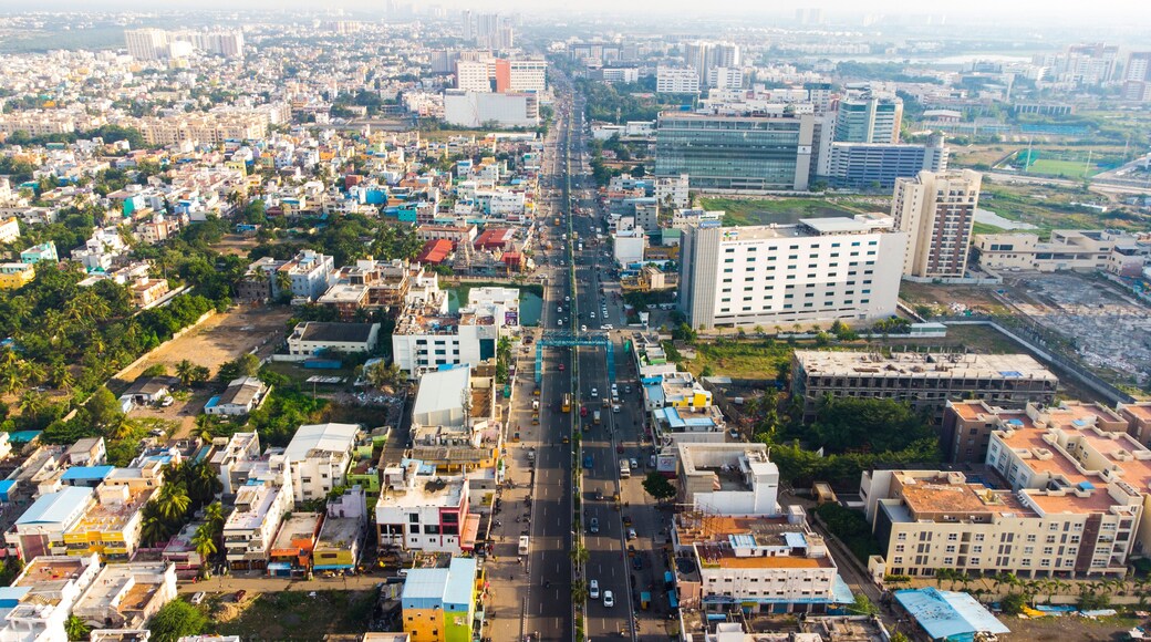 Aerial Photography Drone photography of Chennai and the suburbs in Tamil Nadu India; River bed landscape images of villages; Beach aerial view