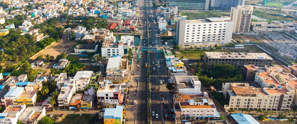 Aerial Photography Drone photography of Chennai and the suburbs in Tamil Nadu India; River bed landscape images of villages; Beach aerial view