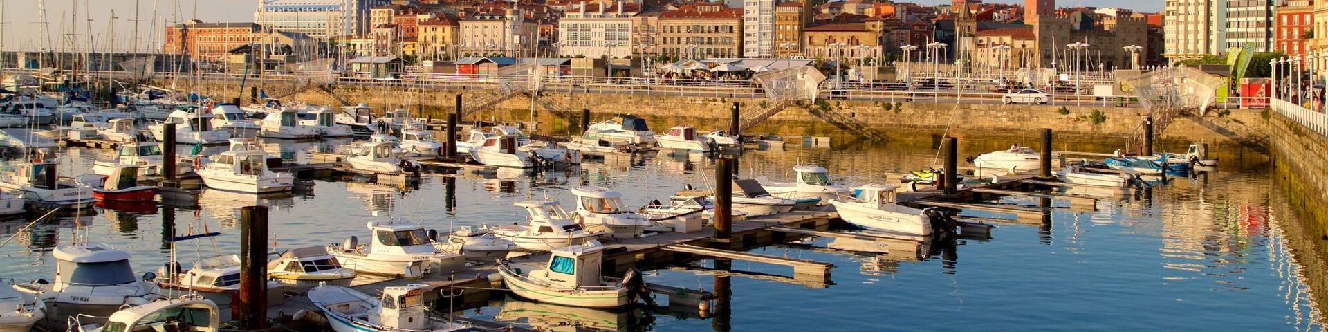 A marina filled with various boats, a cityscape with historic buildings, and a clear sky.