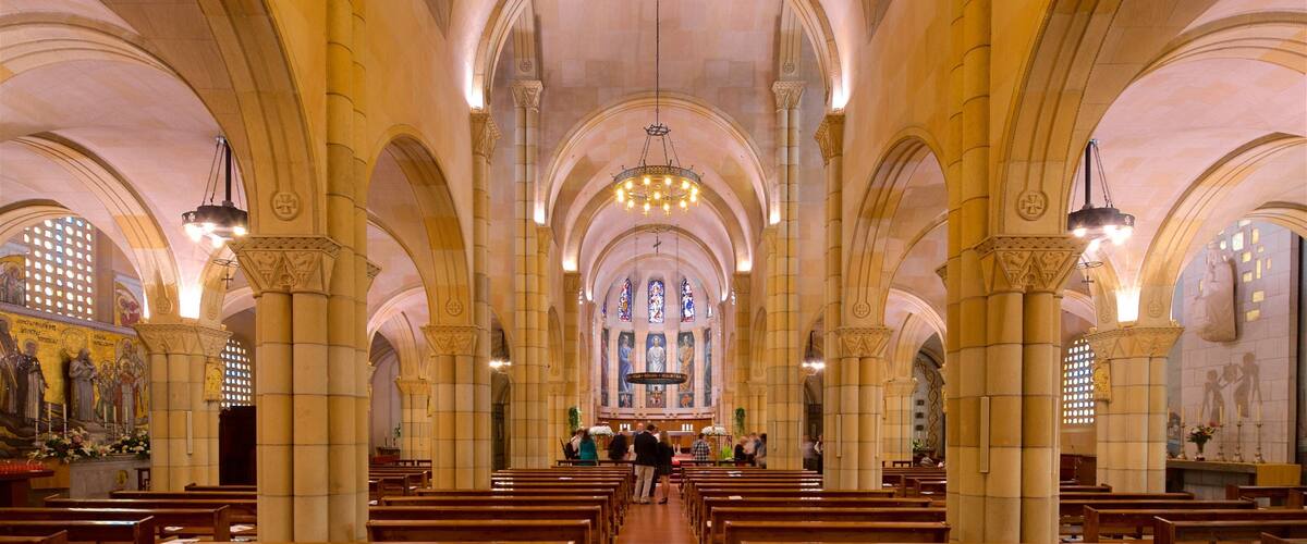 Gijón mostrando elementos del patrimonio, vistas interiores y una iglesia o catedral