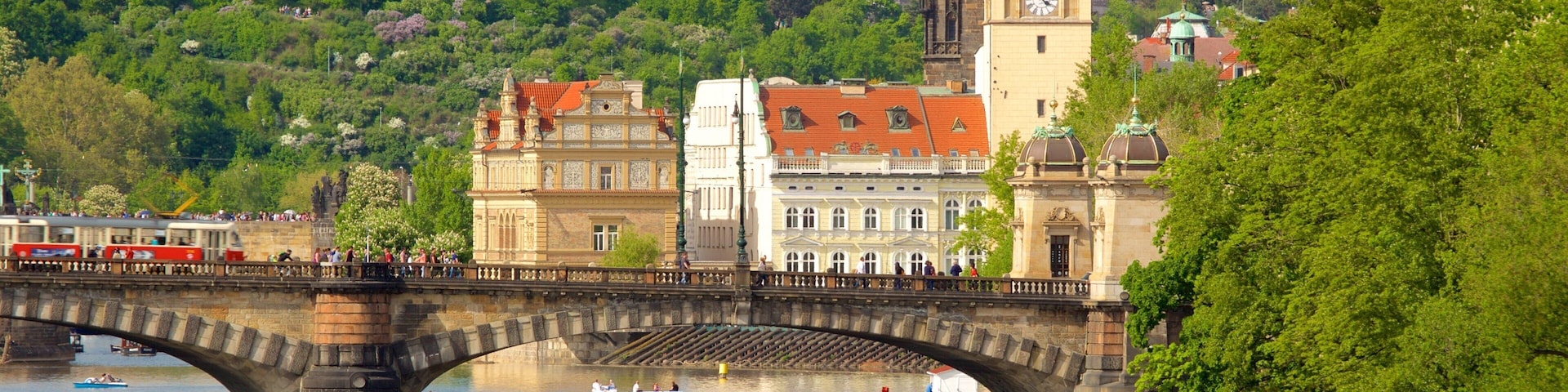 Praga que inclui caiaque ou canoagem, uma ponte e um rio ou córrego