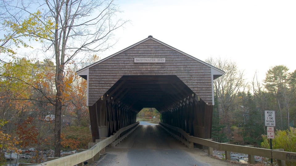 A covered bridge named Swiftwater 1849 with a weight limit sign for passenger cars.