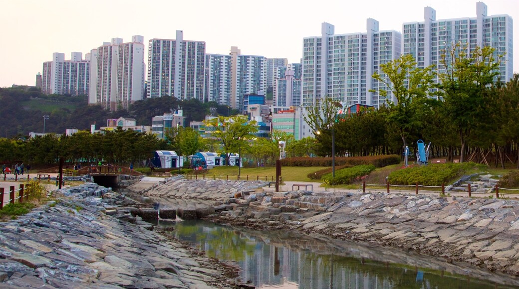 Busan ofreciendo un jardín, una ciudad y un río o arroyo
