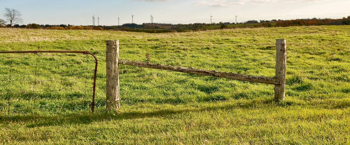 A grassy field with a wooden fence and wind turbines in the distance.