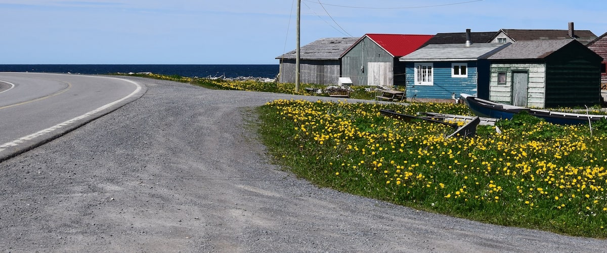 colorful huts of a small fishing village, Sally's Cove, scene along the Viking trail in the Gros Morne National Park, Newfoundland and Labrador Canada