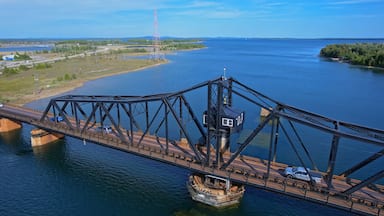 Aerial view of single lane traffic on Little Current Swing Bridge, Manitoulin Island. The bridge crosses North Channel on Highway 6. The historic bridge will be replaced with new two lane bridge.