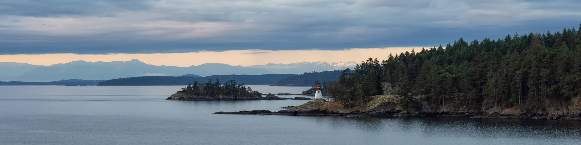 Gulf Islands on the West Coast of Pacific Ocean. Canadian Nature Landscape Background. Summer Sunrise. Near Vancouver Island, British Columbia, Canada.