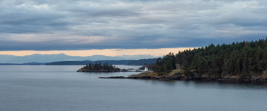 Gulf Islands on the West Coast of Pacific Ocean. Canadian Nature Landscape Background. Summer Sunrise. Near Vancouver Island, British Columbia, Canada.