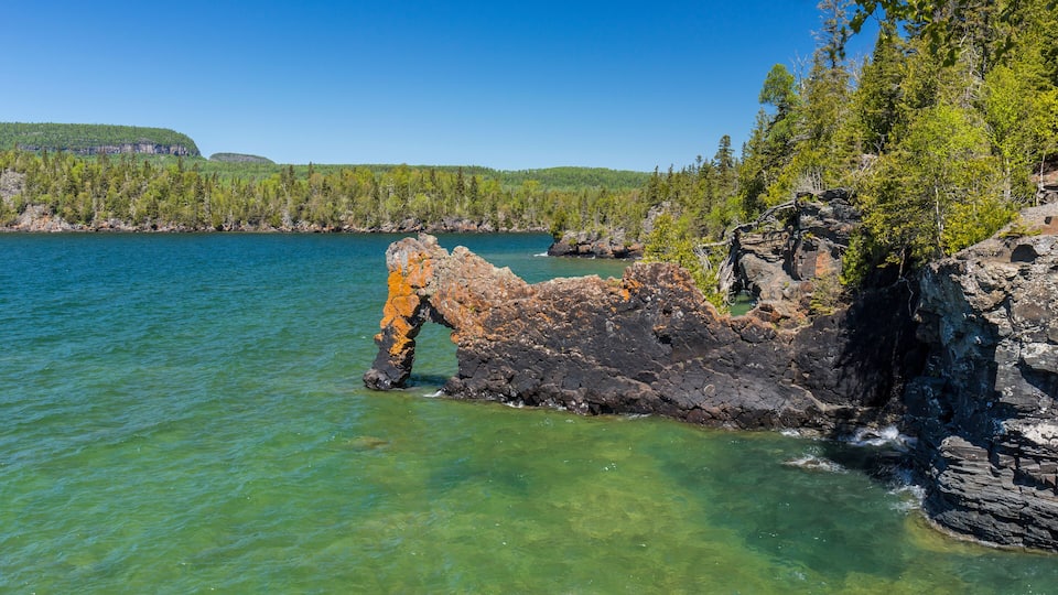 A rocky shoreline with clear water, surrounded by dense green forest and a distant hill.