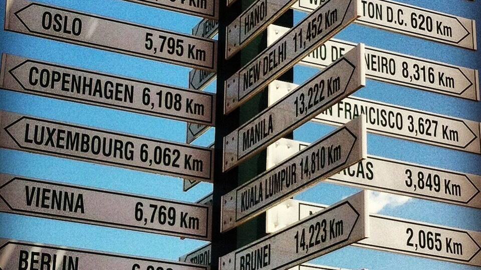 A collection of directional signs with distances to various cities.