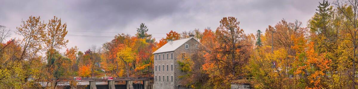 Watson's Mill on a cold rainy autumn morning in Manotick, Ontario, Canada