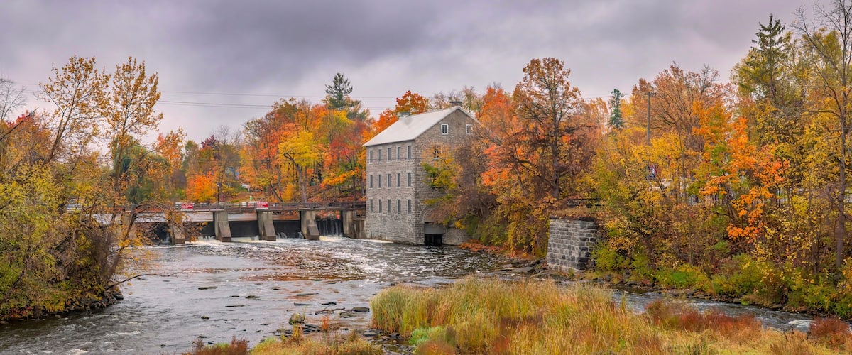 Watson's Mill on a cold rainy autumn morning in Manotick, Ontario, Canada